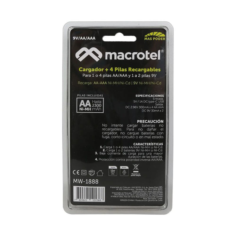 Cargador De Pilas AA/ AAA + 4 Pilas 2000Ma 9 Vol