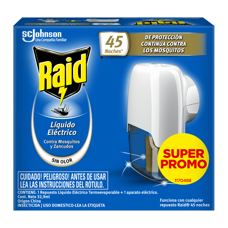 Insecticida Liquido Eléctrico 45 Noches Aparato ASEO Y LIMPIEZA RAID 
