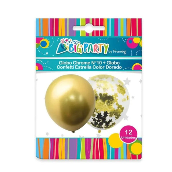 Globo Chrome +Confetti Estrella Dorado 12 Un BIG PARTY 