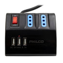 Alargador Multiple 3 + 3 Usb Negro 1,5 Mt PHILCO 