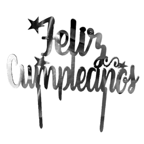Decoracion Torta Acrilico Feliz Cumpleaños Estrella Plateada FIESTAMANIA 