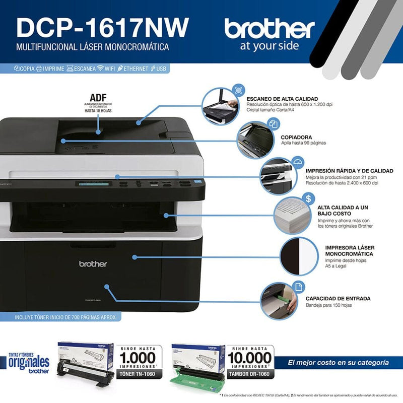 Multifuncional Monocromática Laser Dcp-1617Nw Usb Wifi Red Adf TECNOLOGÍA BROTHER 