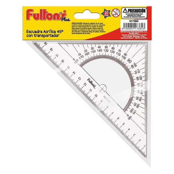 Escuadra Acrílica 20 Cm Con Transportador 45º OFICINA Y LIBRERIA FULTONS 