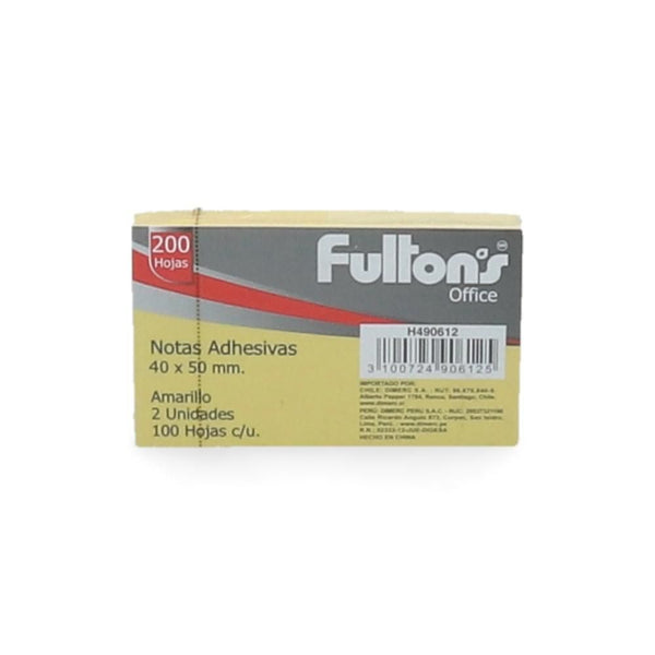 Nota Adhesiva 2 Un X 100 Hojas 4.0 X 5.0 Cm Amarillo 653 Block FULTONS 