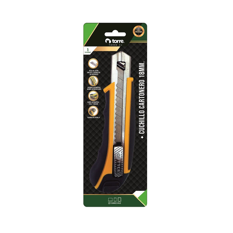 Cuchillo Cartonero Grande 18 mm Antideslizante Y Seguro, Guía Larga TORRE 