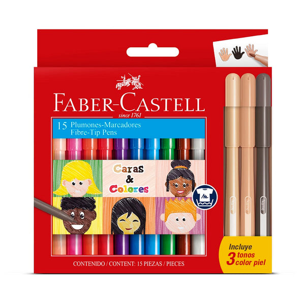 Plumón Delgado Fiesta Caras Y Colores 15 Colores FABER CASTELL Colores Surtidos 