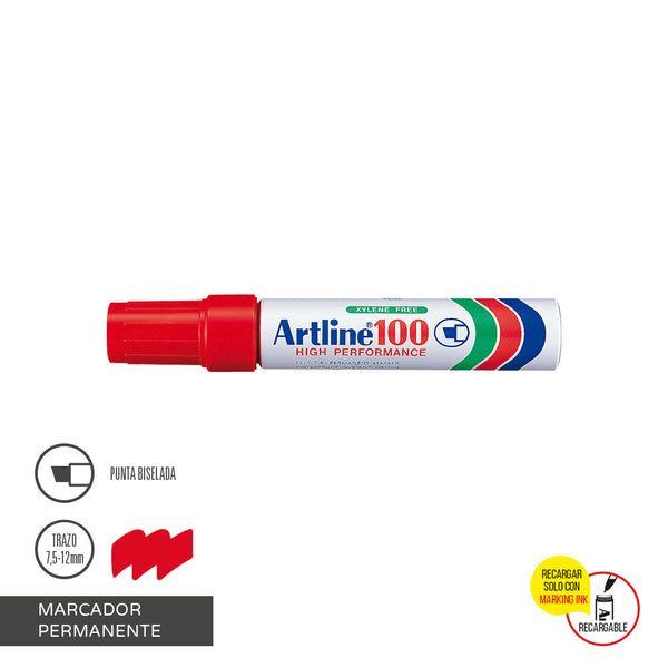 Marcador Permanente Punta Biselada Rojo Recargable 100 ARTLINE Rojo 