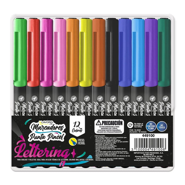 Marcador Punta Pincel 12 Colores LAVORO 