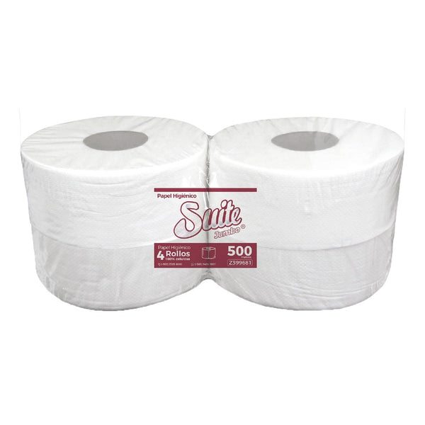 Papel Higiénico Jumbo Hoja Simple 500 mi 4 Rollos Extra Blanco SUITE 