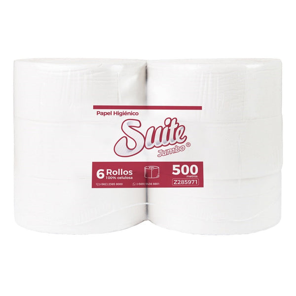Papel Higiénico Jumbo Hoja Simple 500 mi 6 Rollos Extra Blanco SUITE 